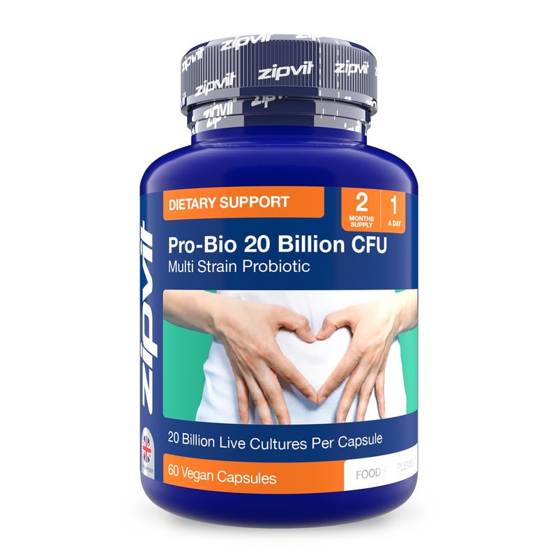 Zipvit Pro Bio 20 Billion CFU Probiotics for Gut Health, High Strength, 60 Vegan Probiotic Capsules for Men & Women, 3 Live Bacterial Cultures, Lactobacillus & Bifidobacterium Animalis
